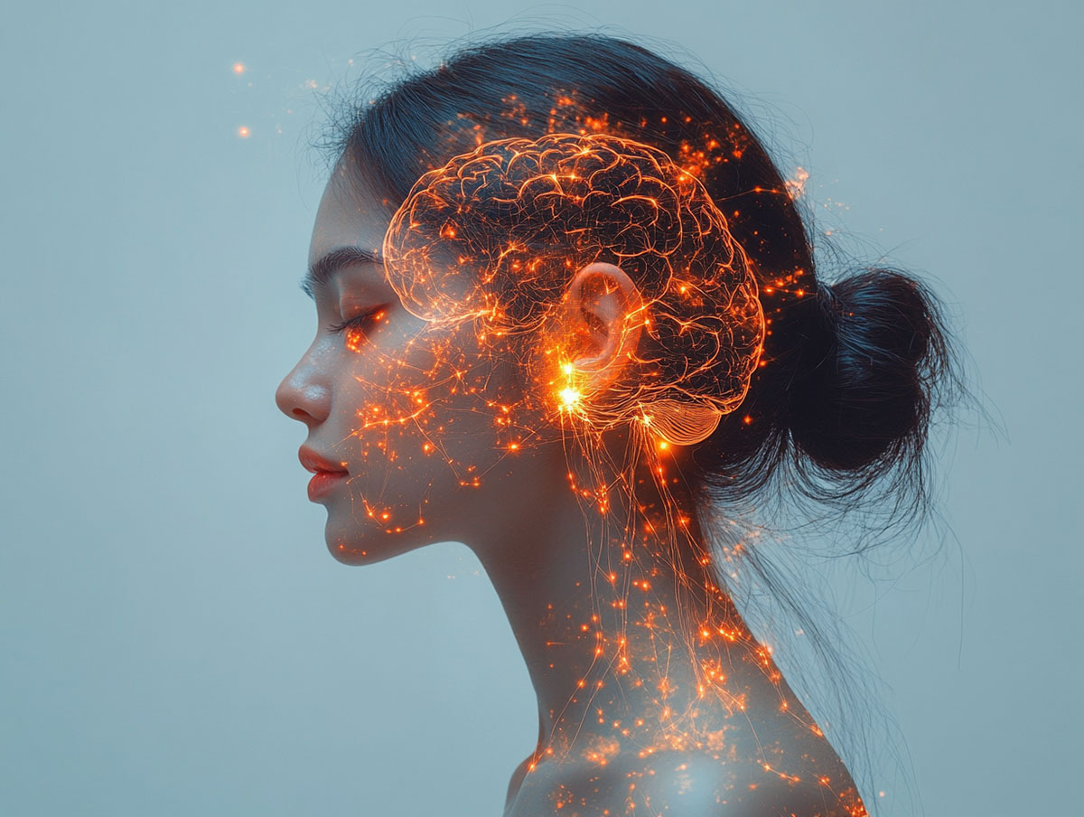 Neurokosmetik: Seitenprofil einer Frau mit einem transparent überlagerten Gehirn und leuchtenden Verbindungslinien