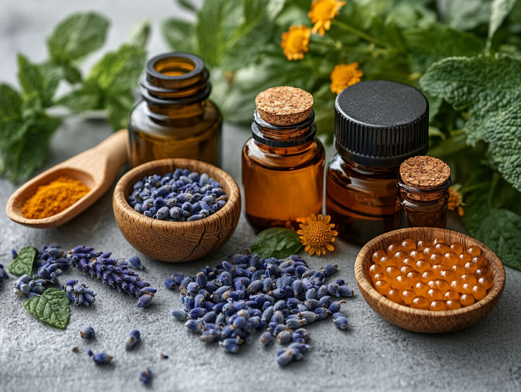 Pflanzenextrakte wie Lavendel, Kamille und Ginseng neben Hautpflegeprodukten.