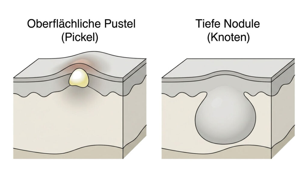 Illustration: oberflächliche Pustel vs. tiefer unterirdischer Pickel in der Haut, klarer Querschnitt.
